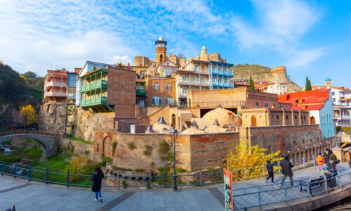 Tbilisi, Georgia - 14 November, 2021: Abanotubani district with wooden carved balconies in the Old Town of Tbilisi, Georgia
